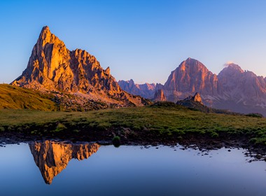 19.08.2018 Schönes Alpenglühen am Morgen, am Passo Giau in denn Dolomiten.